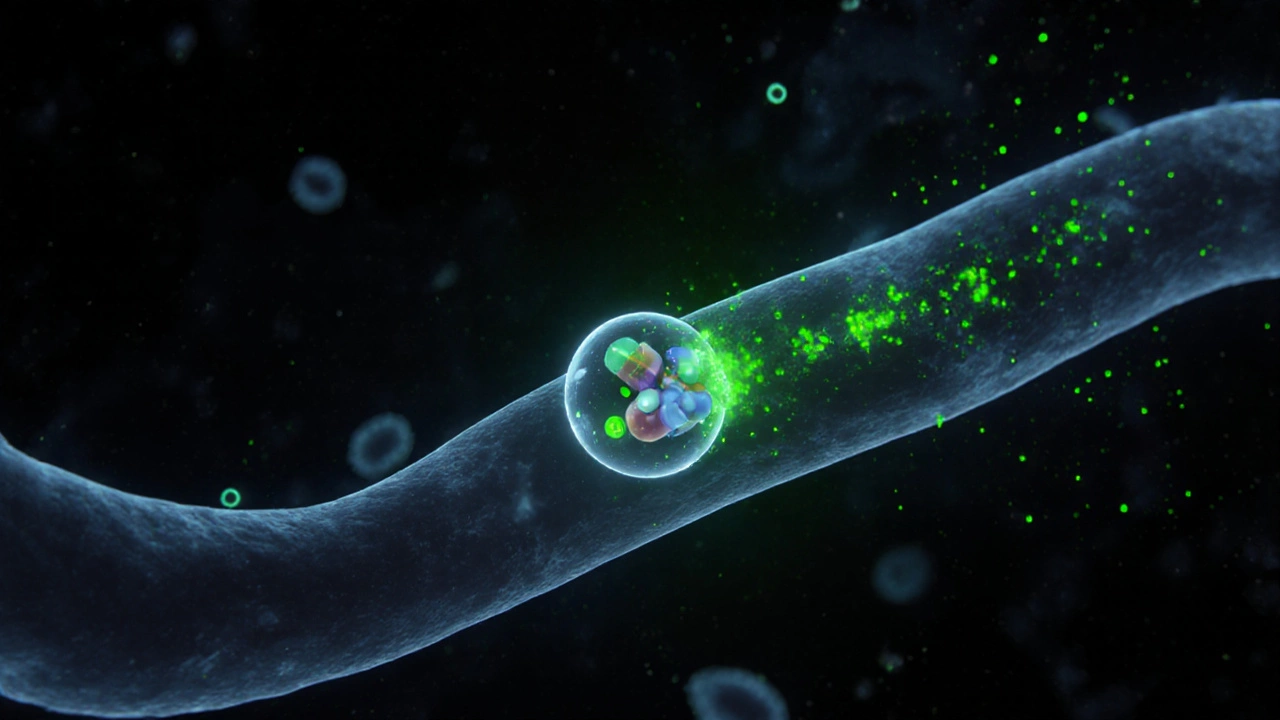A glowing lipid nanoparticle releasing drug particles at a cancer cell.