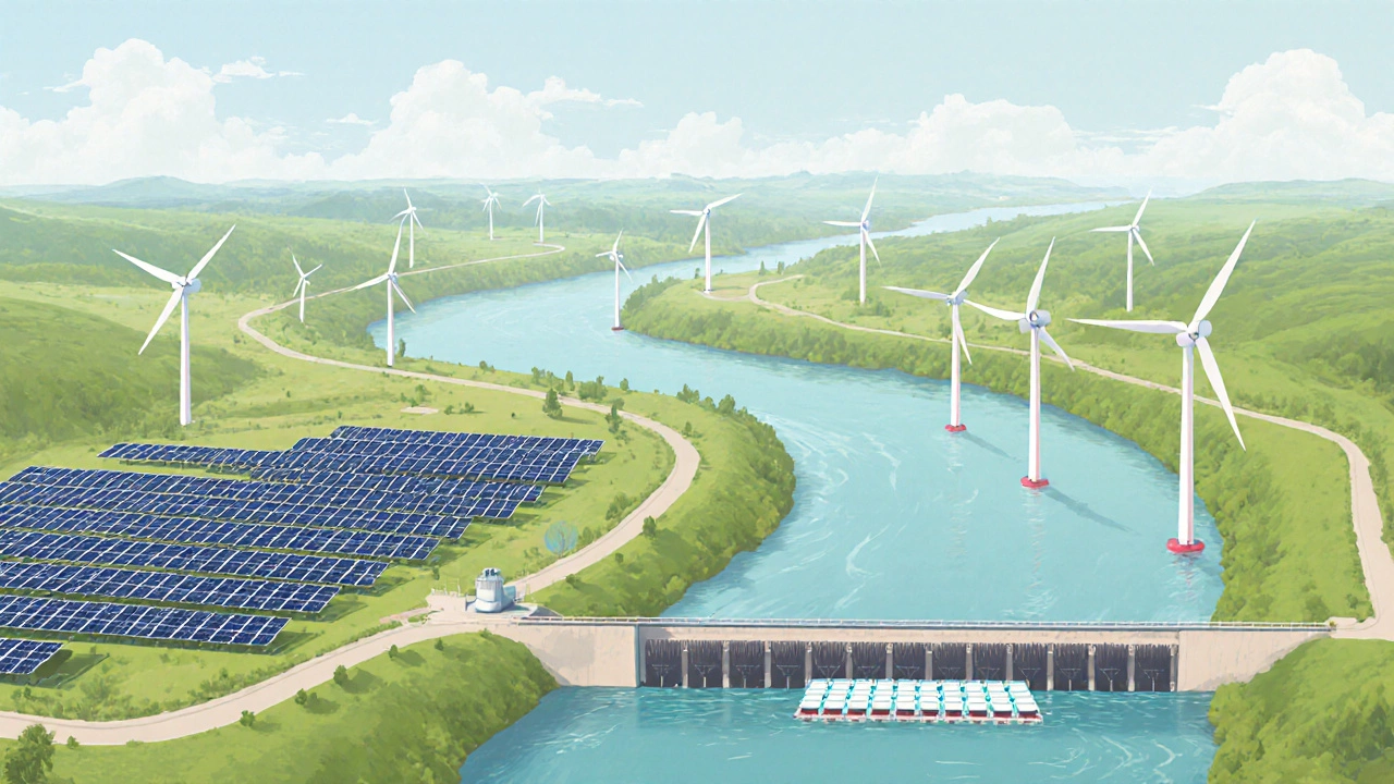 Aerial view of a mixed renewable park with solar, wind, small hydro and methane capture.