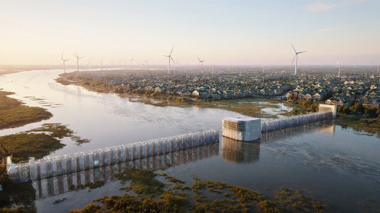 Aerial view of Thames Estuary showing tidal barriers, wetlands, and green neighborhoods.