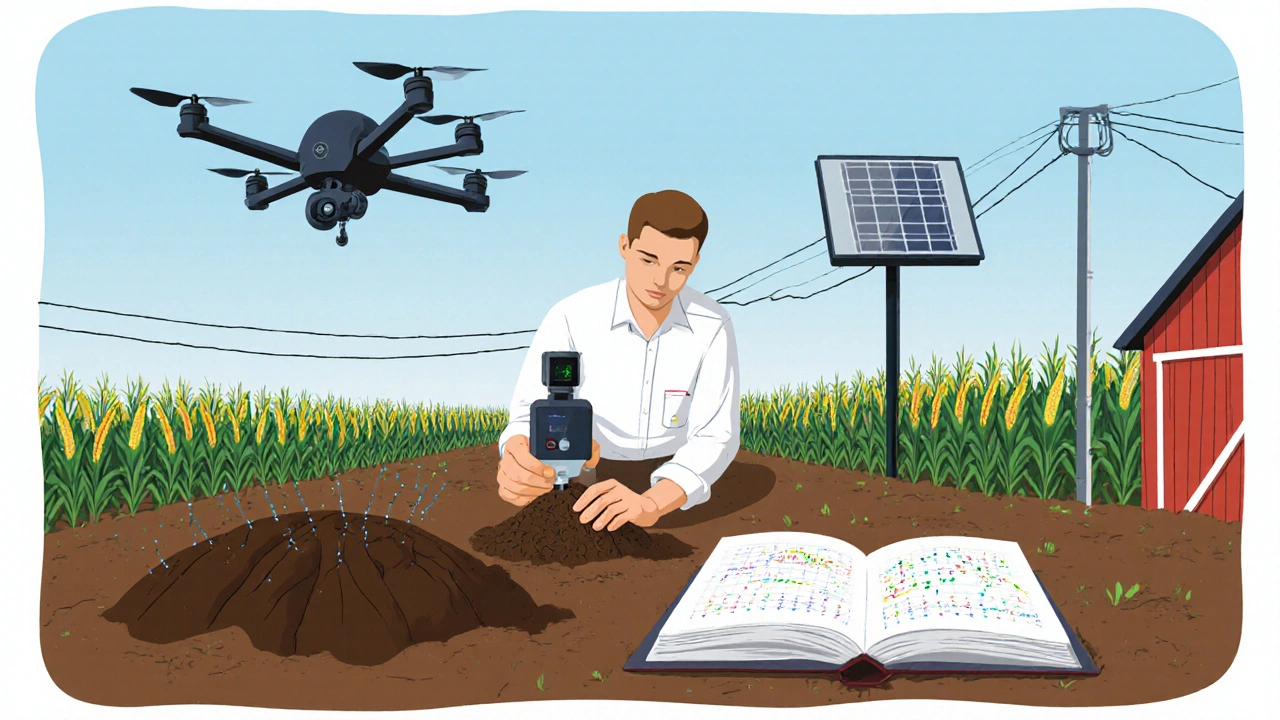 Agronomist testing soil with sensor while a drone captures field data over crops.