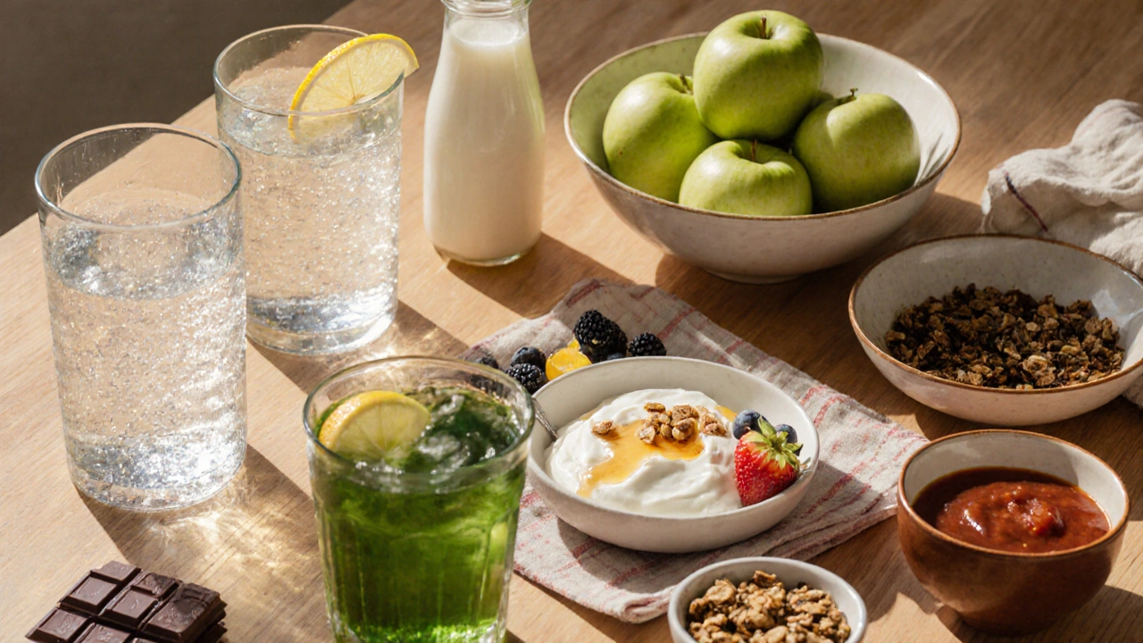 Bright breakfast spread with low‑sugar alternatives like fruit, yogurt, and sparkling water.