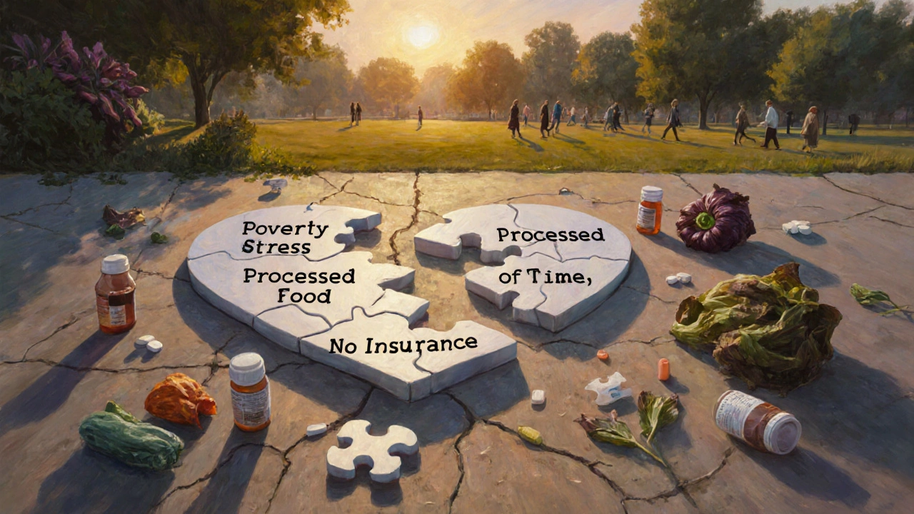 Broken heart puzzle with missing pieces labeled social factors, surrounded by pill bottles and wilted vegetables.