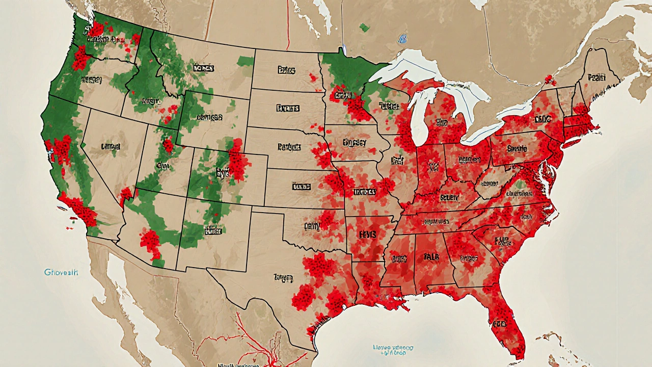 City map with red zones of fast-food outlets and sparse green areas of gardens and bike lanes.