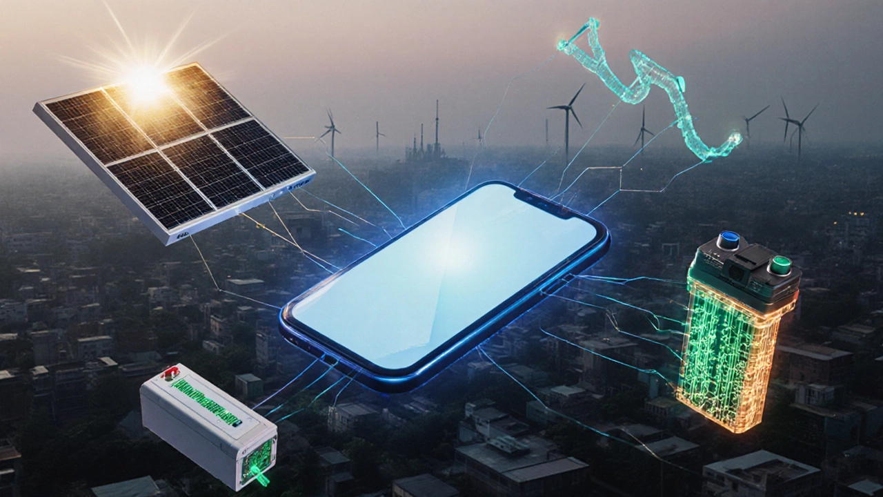 Collage of smartphone, solar panel, CRISPR kit, and EV battery merging together.