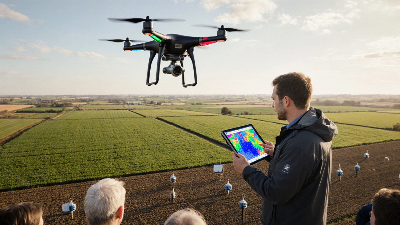 Crop consultant using a drone and tablet to guide farmers on a green field.