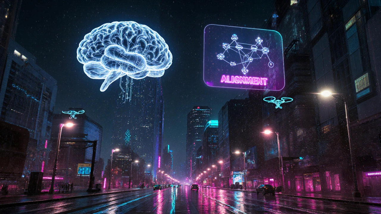Cyberpunk city with glowing edge devices and a hovering brain‑circuit hybrid.