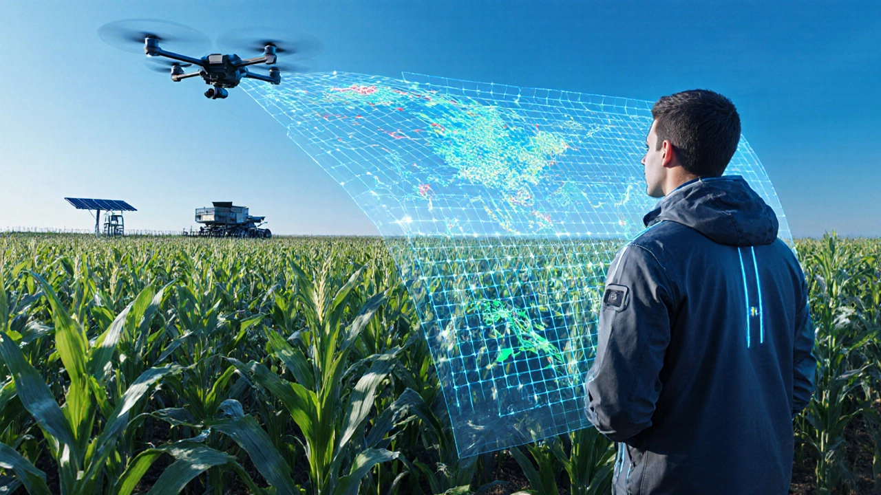 Drone and holographic data overlays over a cornfield with a tech specialist.