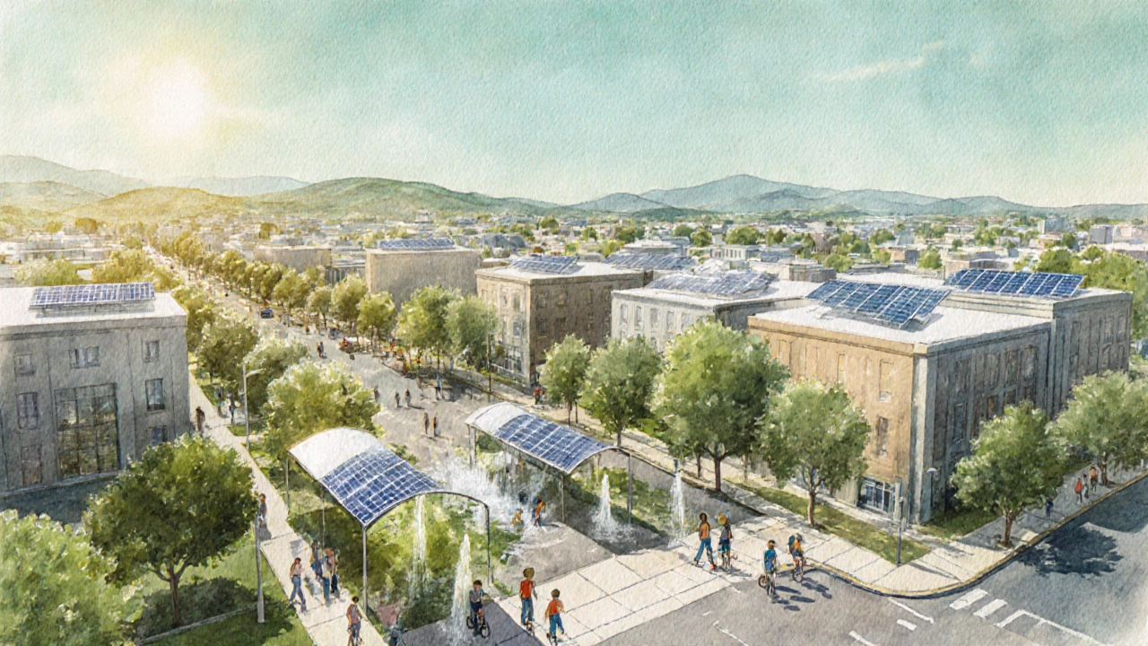 Future city with green parks, reflective roofs, solar panels, and people enjoying cooler streets.