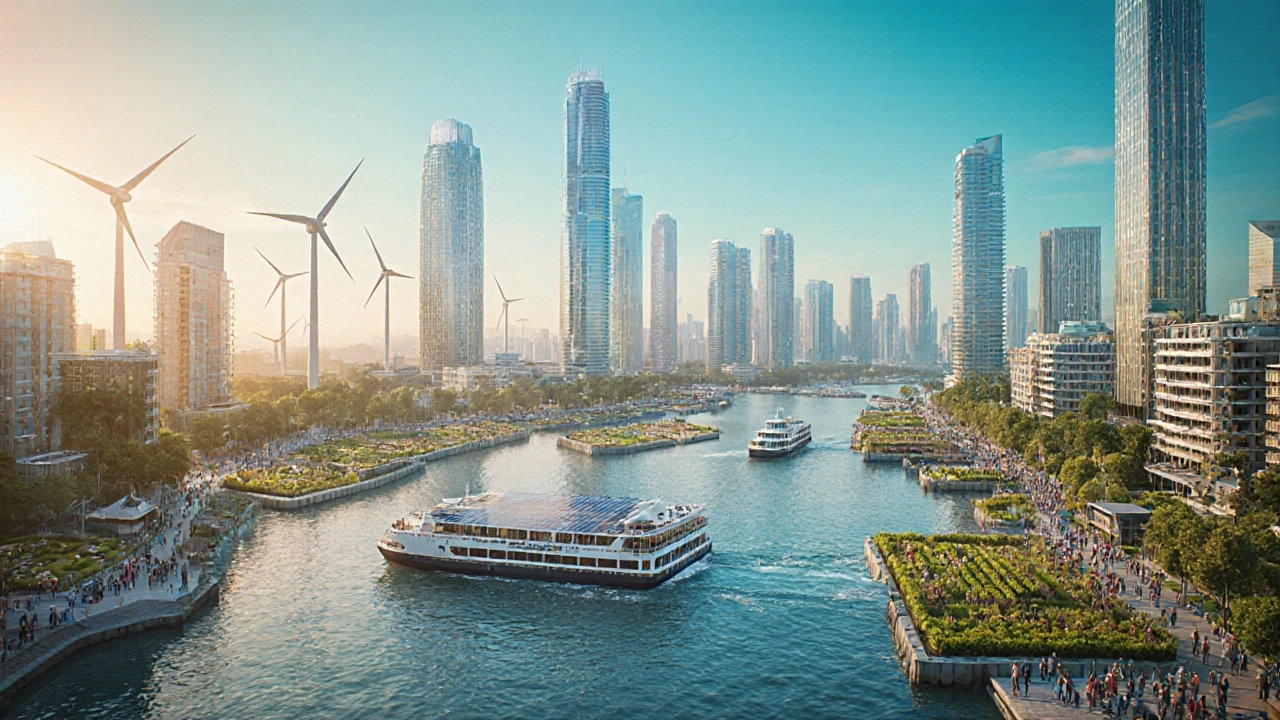 Future coastal city thriving with solar towers, wind turbines, and floating farms at sunrise.