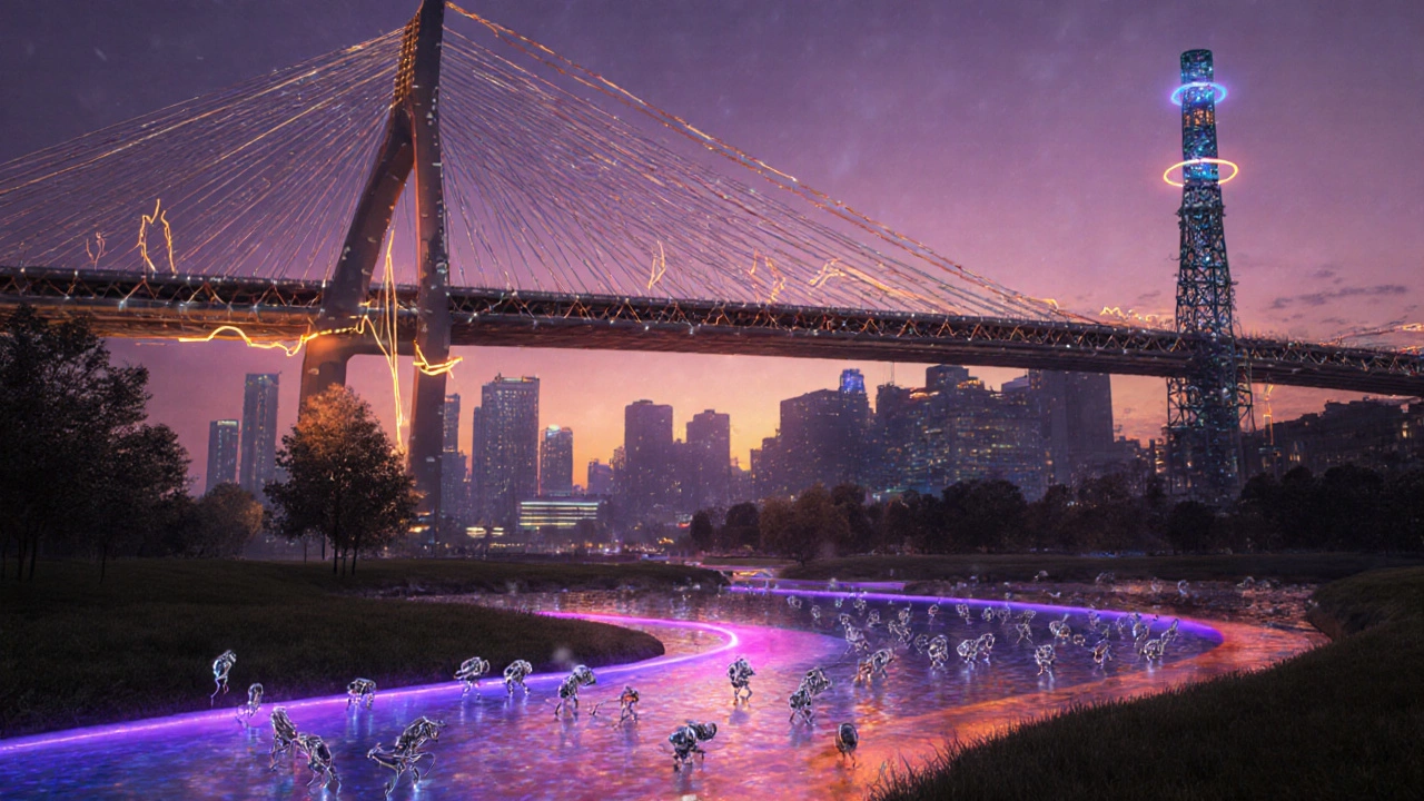 Futuristic city bridge with glowing nanosensors and a nearby plasma nanofabrication plant.