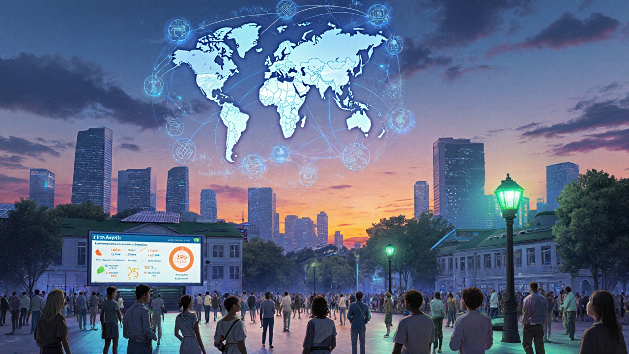 Futuristic city with wearables, AI hologram, heat‑wave alert, and equity budgeting display.