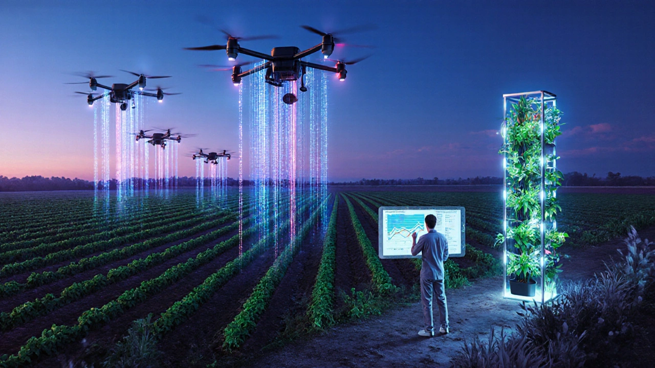 Futuristic farm at dusk with drones, holographic data, and experts using digital tools.