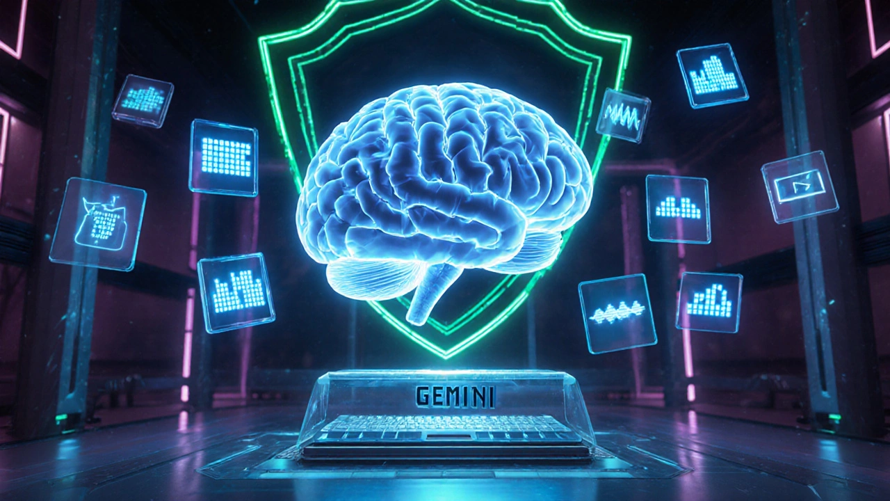Futuristic lab with holographic Gemini brain surrounded by text, image, audio, video tokens and a green safety shield.