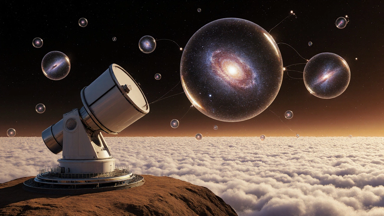 Futuristic telescope array overlooking a sea of bubble universes containing galaxy clusters.