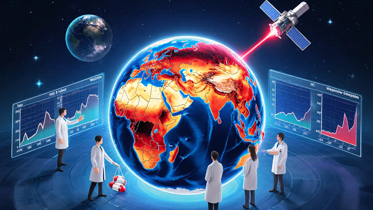 Global climate lab with glowing globe showing heat zones and scientists analyzing data.