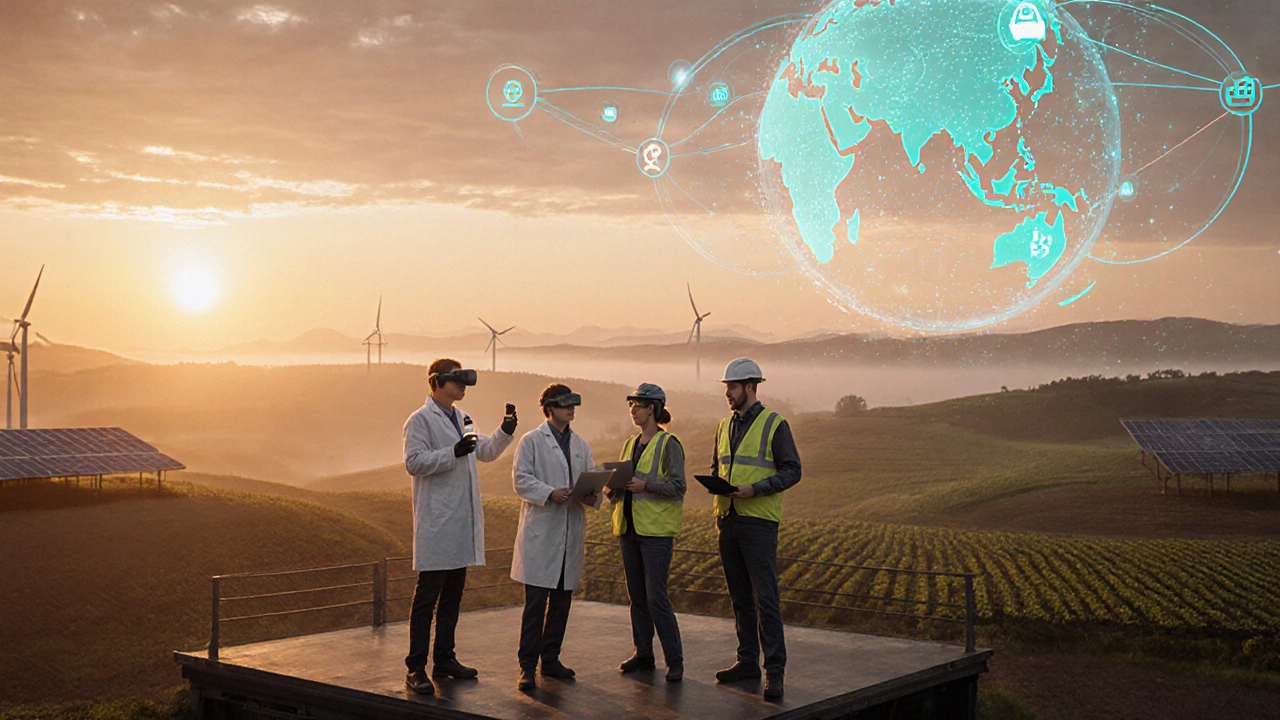 Group of ag‑science professionals looking at holographic data over a sunrise farm.