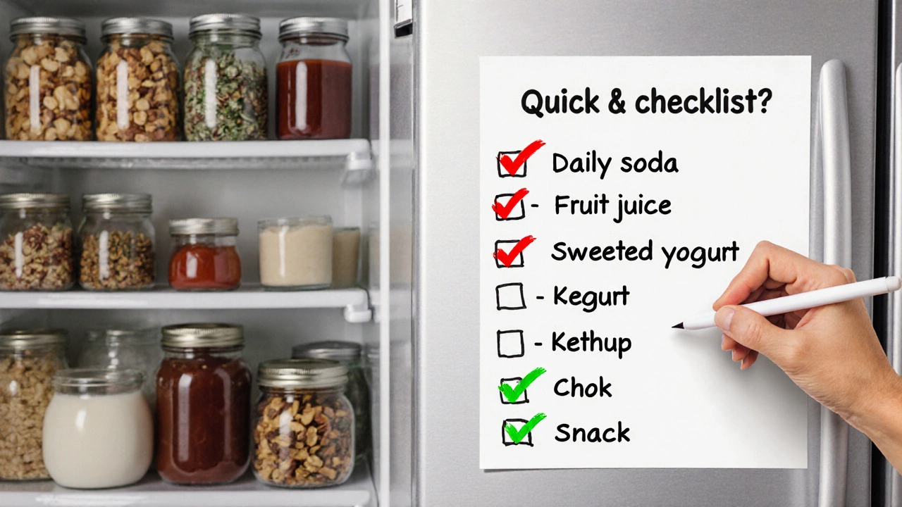 Handwritten sugar‑intake checklist on a fridge with low‑sugar pantry items.