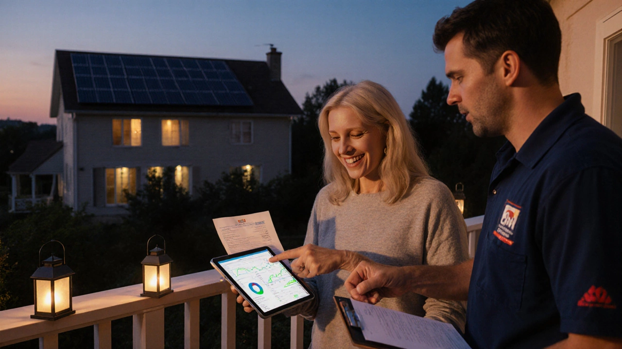 Homeowner checking a solar performance app on a tablet with panels glowing at dusk.