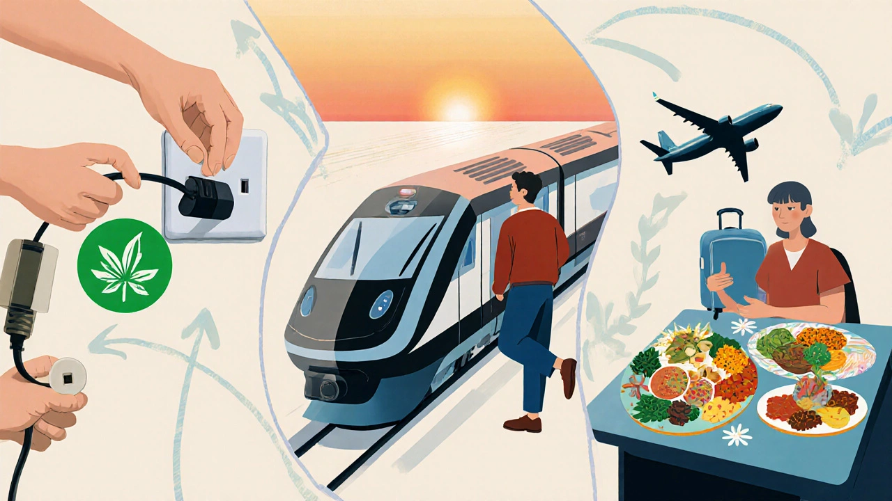 Illustration of a family using green electricity, taking a train, and eating plant‑based meals.