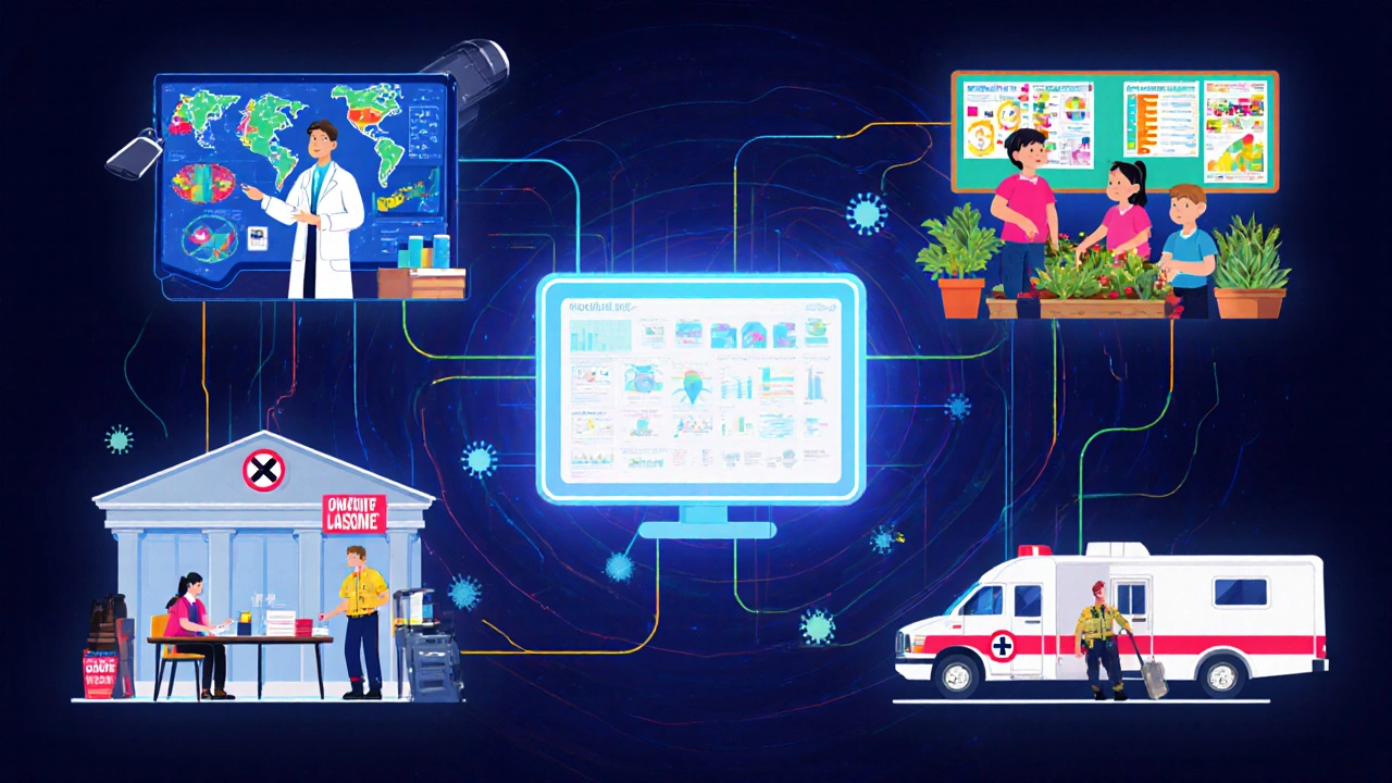 Illustration of surveillance, promotion, policy, and preparedness pillars around a data dashboard.
