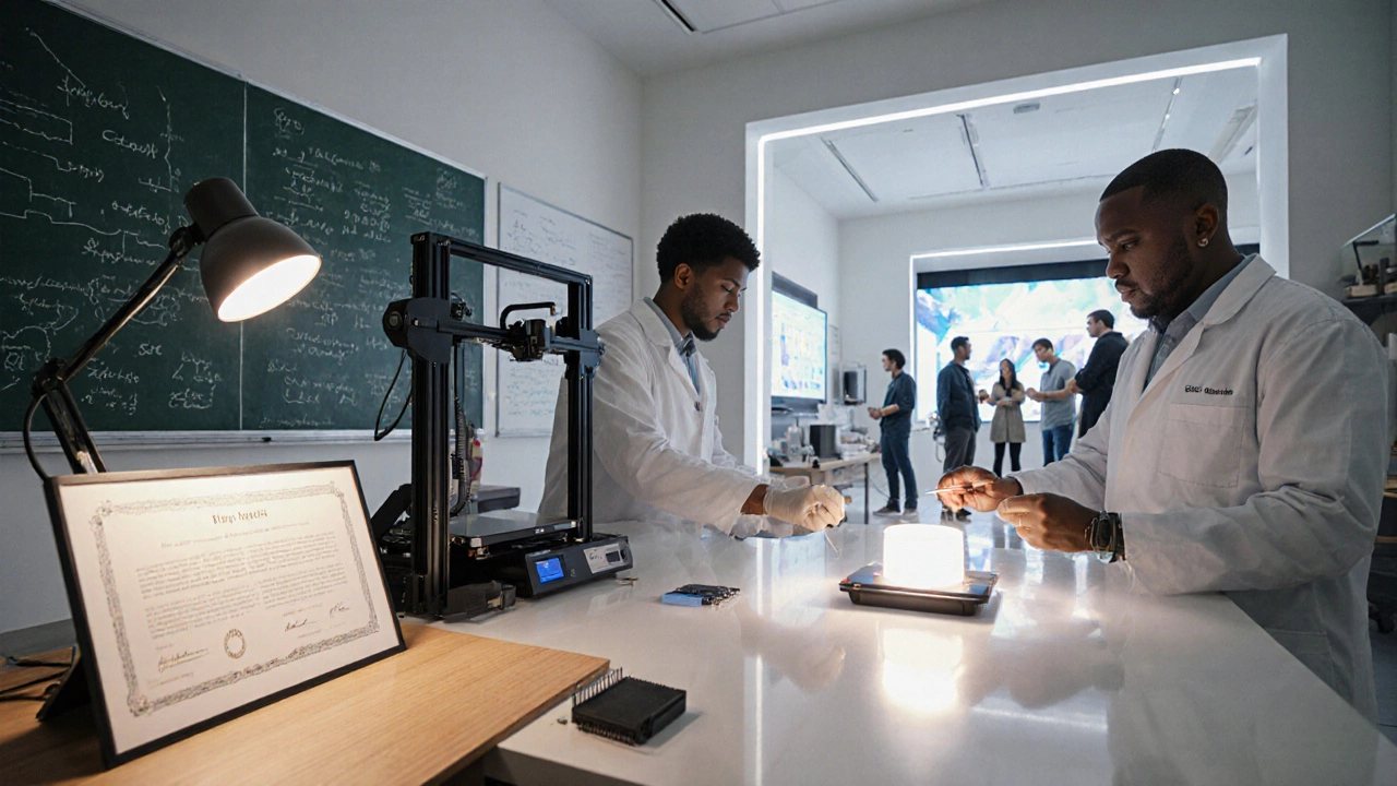 Lab to market scene with researchers, prototype, patent papers, and a storefront.
