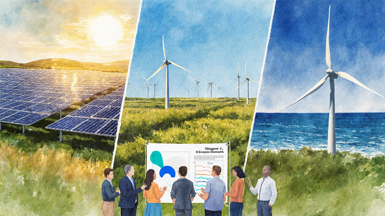 Landscape with solar panels, wind turbines, and a cooler ocean hinting at policy discussion.