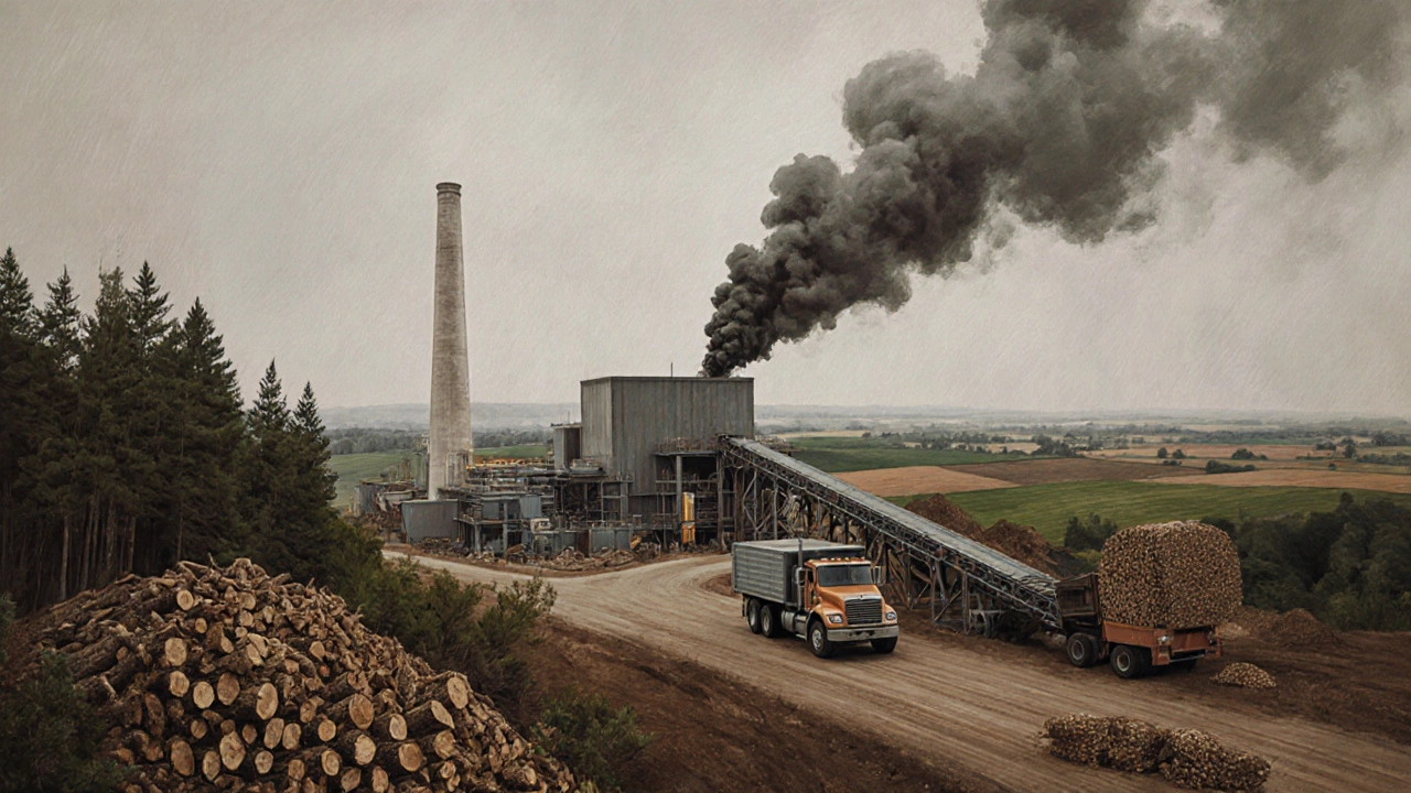 Lifecycle of biomass energy showing logging, processing, and combustion emissions.