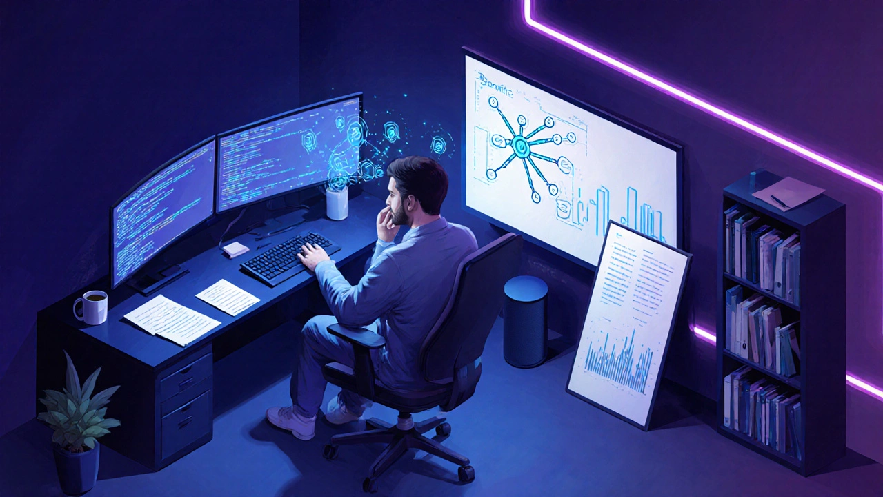 Machine Learning Engineer's futuristic workstation with monitors and holographic neural network.