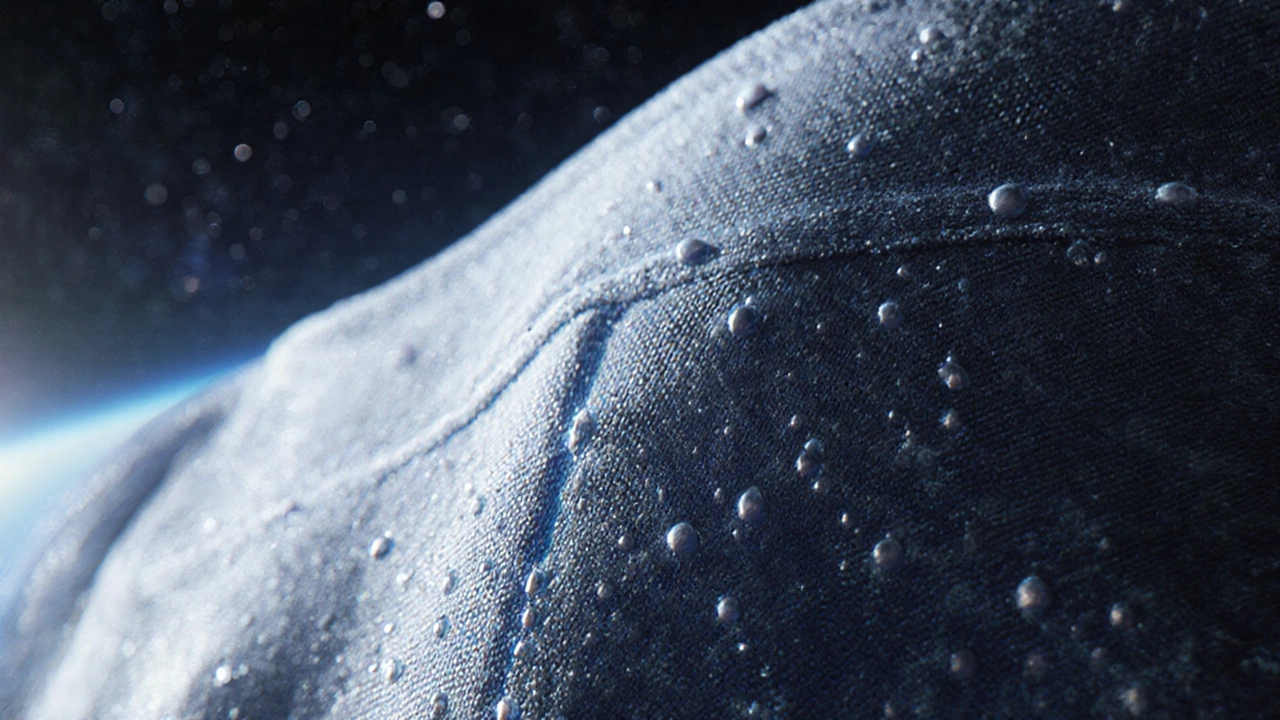 Microscopic view of high-tech space fabric repelling moisture with starfield background.