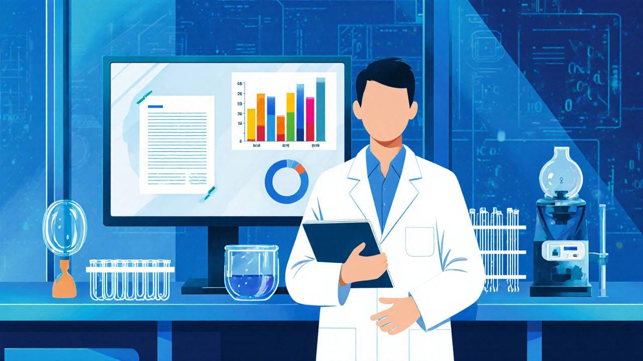 Post‑doc researcher reviewing grant data beside lab equipment.