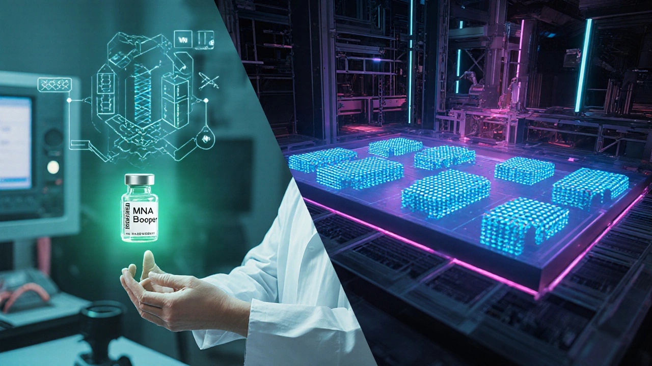 Split illustration of nanomedicine vaccine vial and semiconductor wafer with DSA patterns.