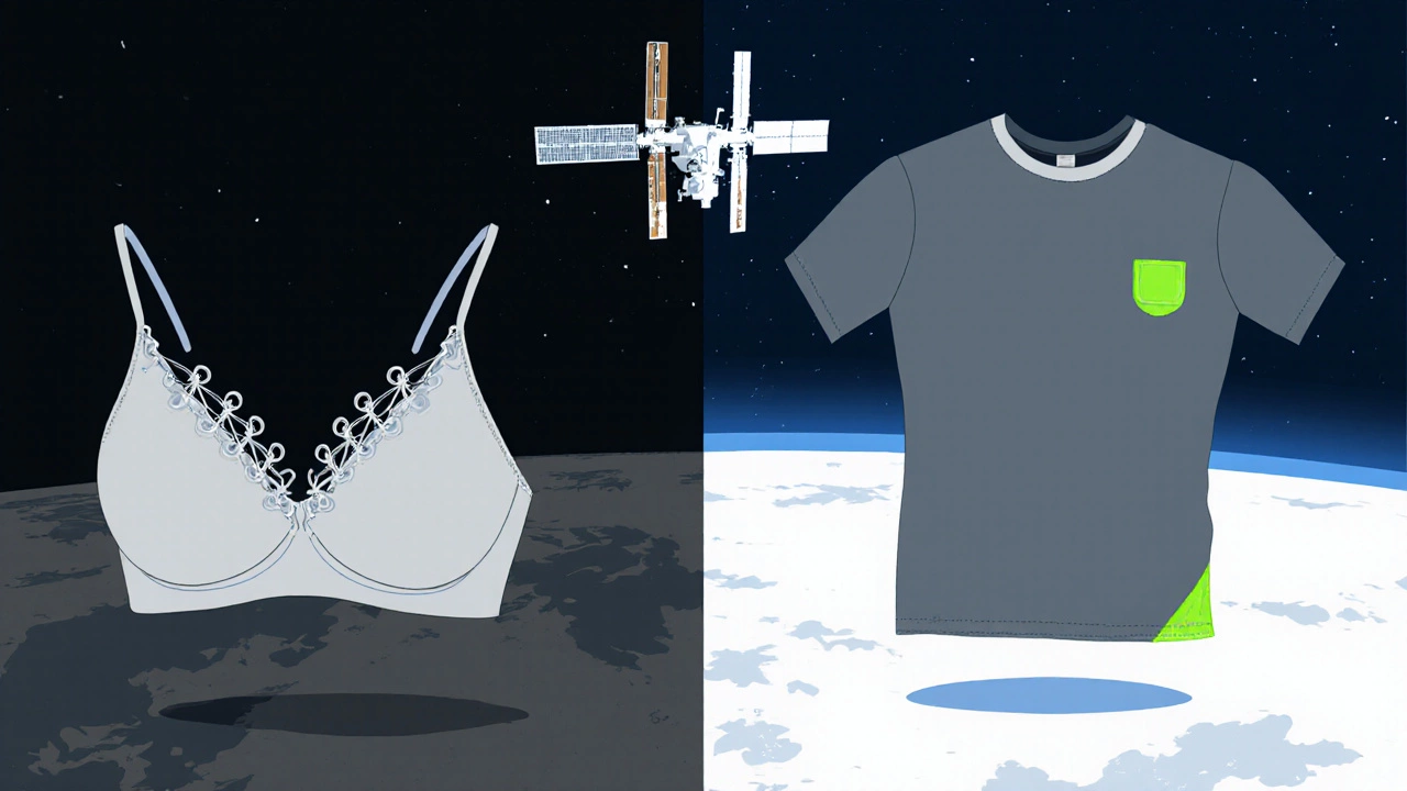 Split image comparing traditional bra with space-grade compression garment in microgravity.