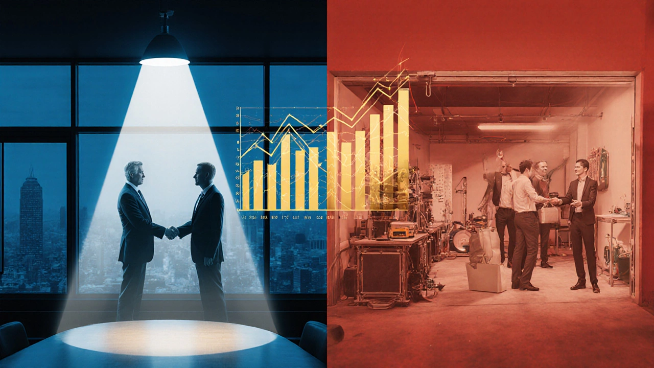 Split scene showing licensing handshake and a startup spin‑off launch.