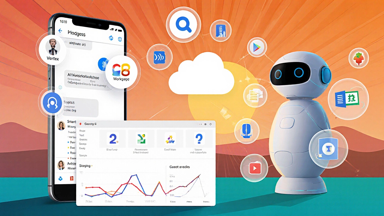 Split view of Bard on phone, Vertex AI dashboard, and voice robot assistant with multimodal holograms.
