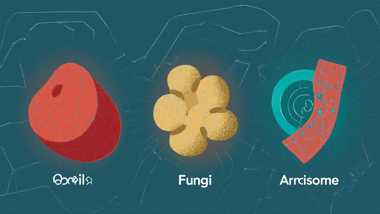 Three nanoparticle drugs illustrated with their medical applications: cancer, fungal infection, and heart imaging.