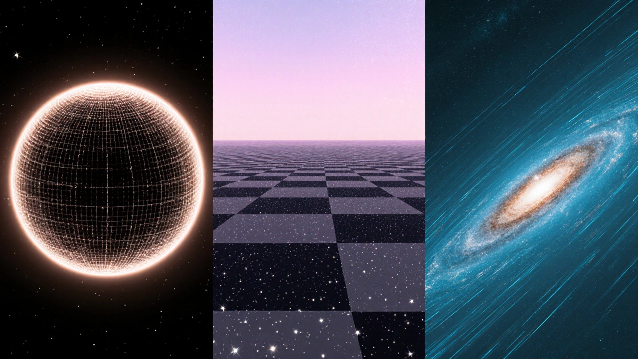 Three panels showing closed spherical, flat, and open saddle-shaped models of the universe.