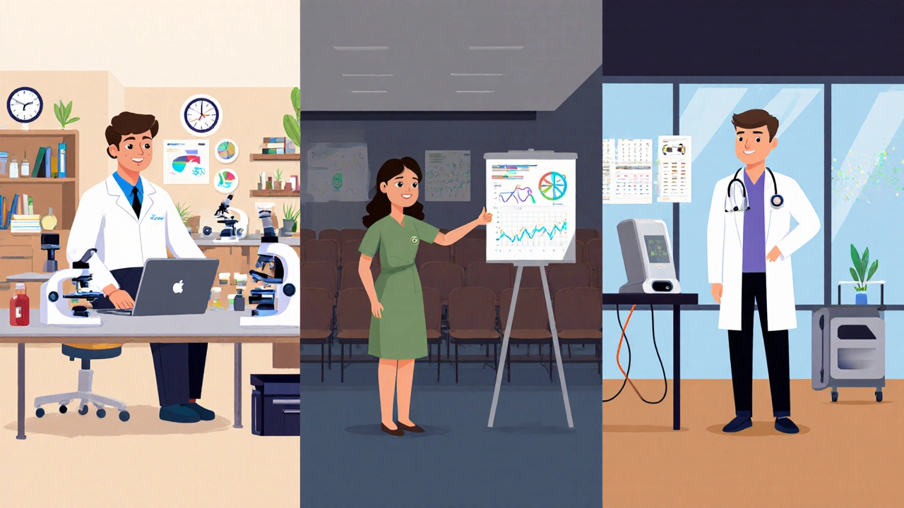 Three panels showing different medical scientist career paths: lab, lecture hall, hospital.