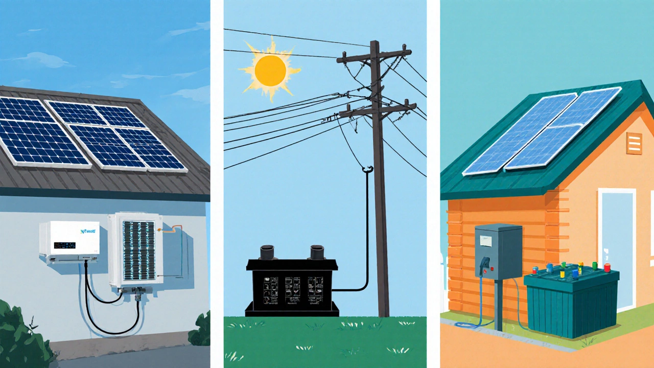 Three side‑by‑side illustrations of grid‑tied, off‑grid, and hybrid home solar systems.