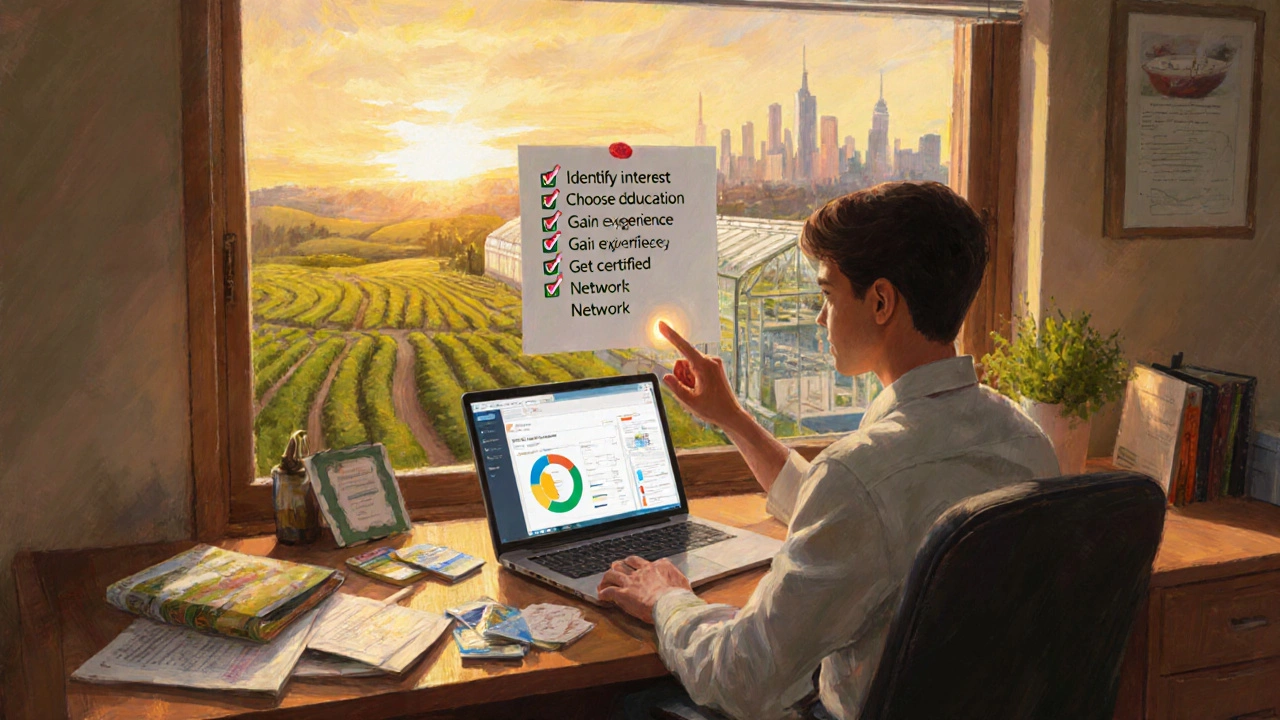 Young person planning an ag career with checklist, laptop, and farm view.