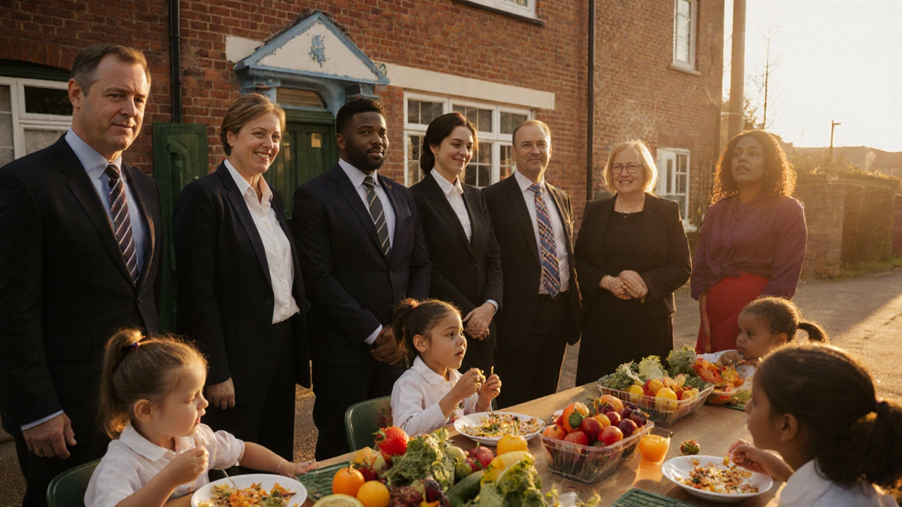 Children eating healthy meals at a primary school with public health staff nearby.