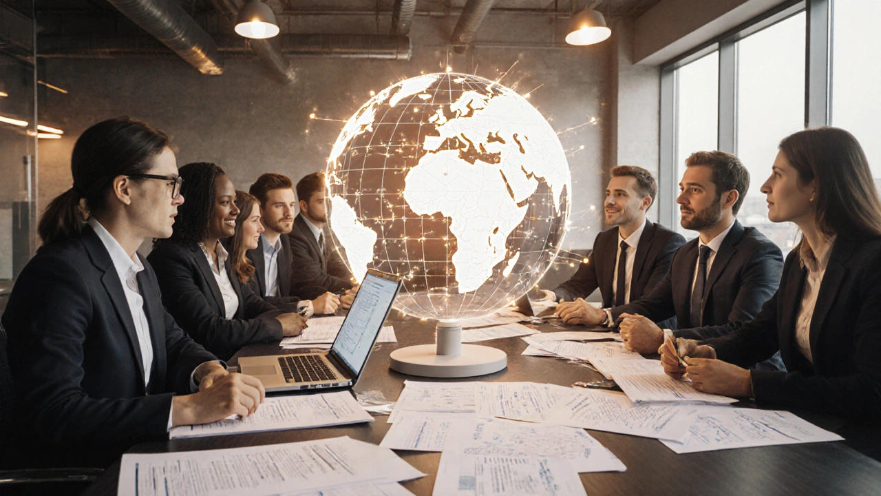 Diverse team in a tech transfer office reviewing patents and global innovation flowcharts.