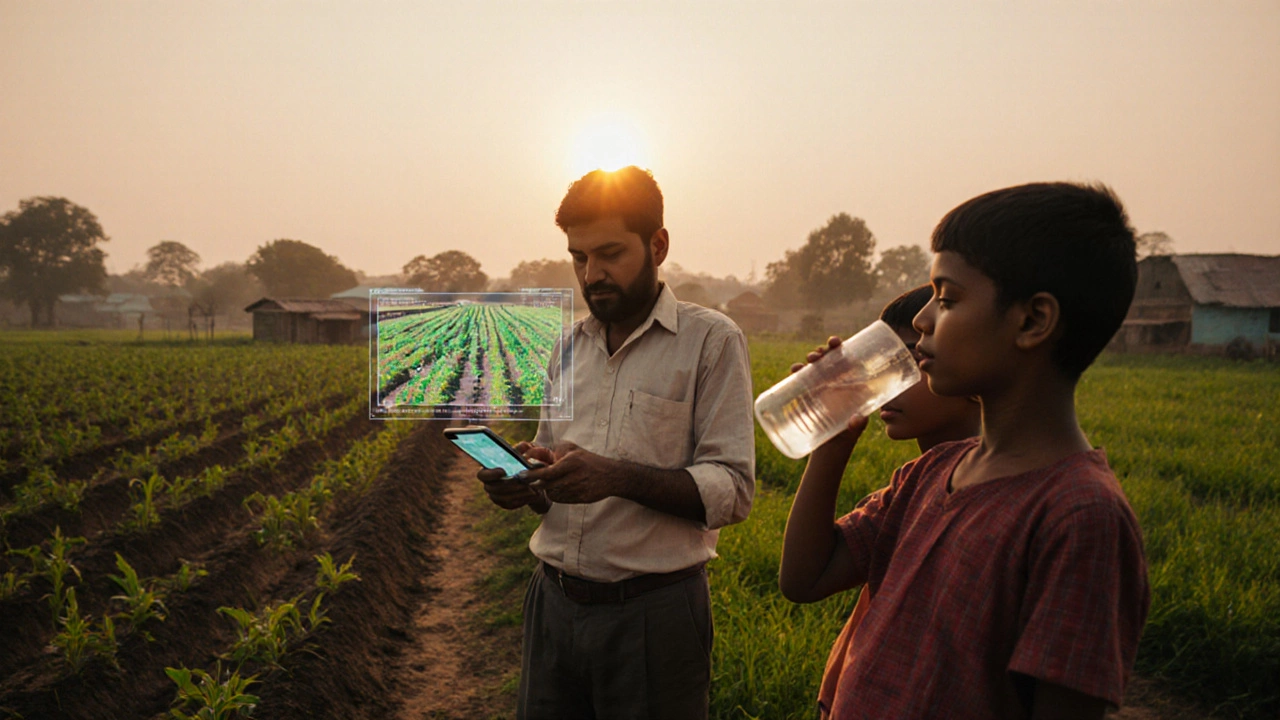 Farmer in rural India using a smartphone to monitor crops with a licensed AI diagnostic tool.