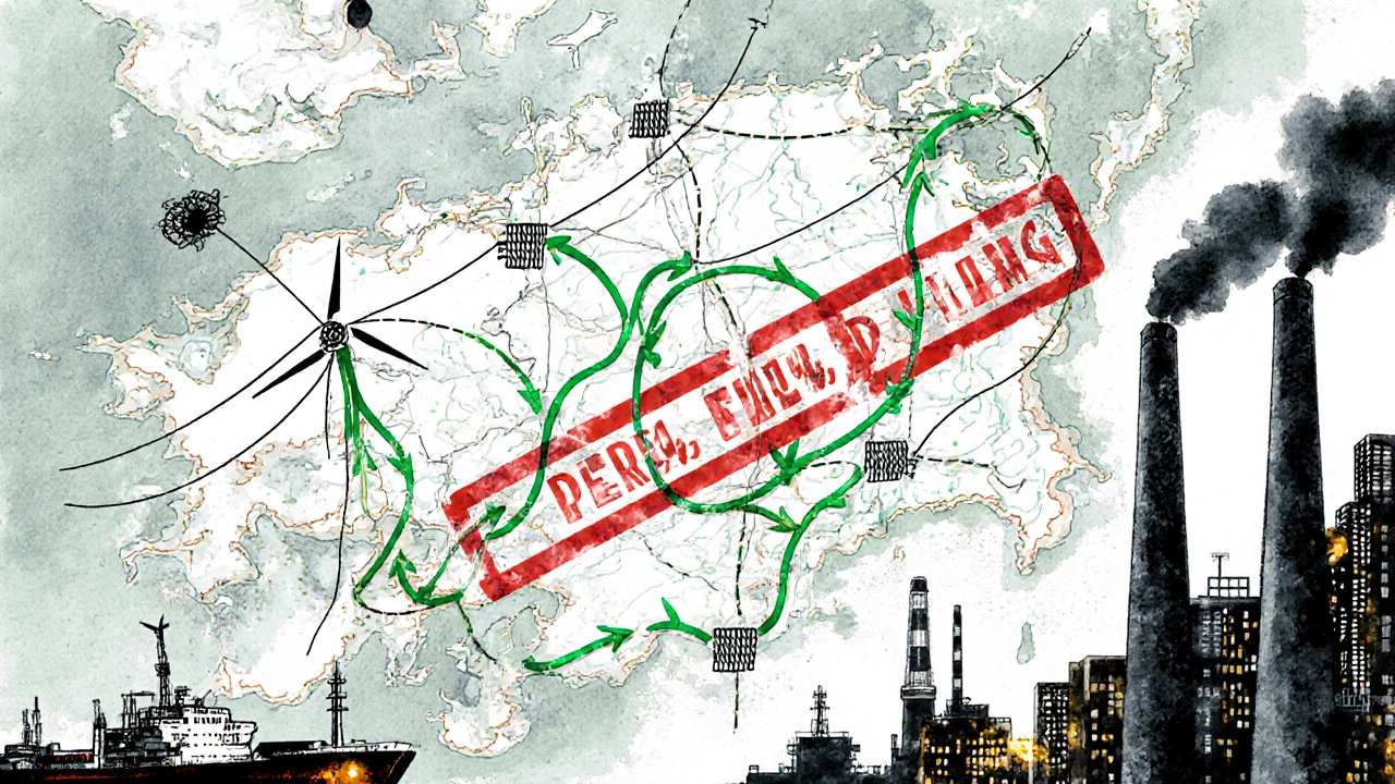 Fragmented power grid map with green renewable flows blocked by red barriers and industrial sources still active.