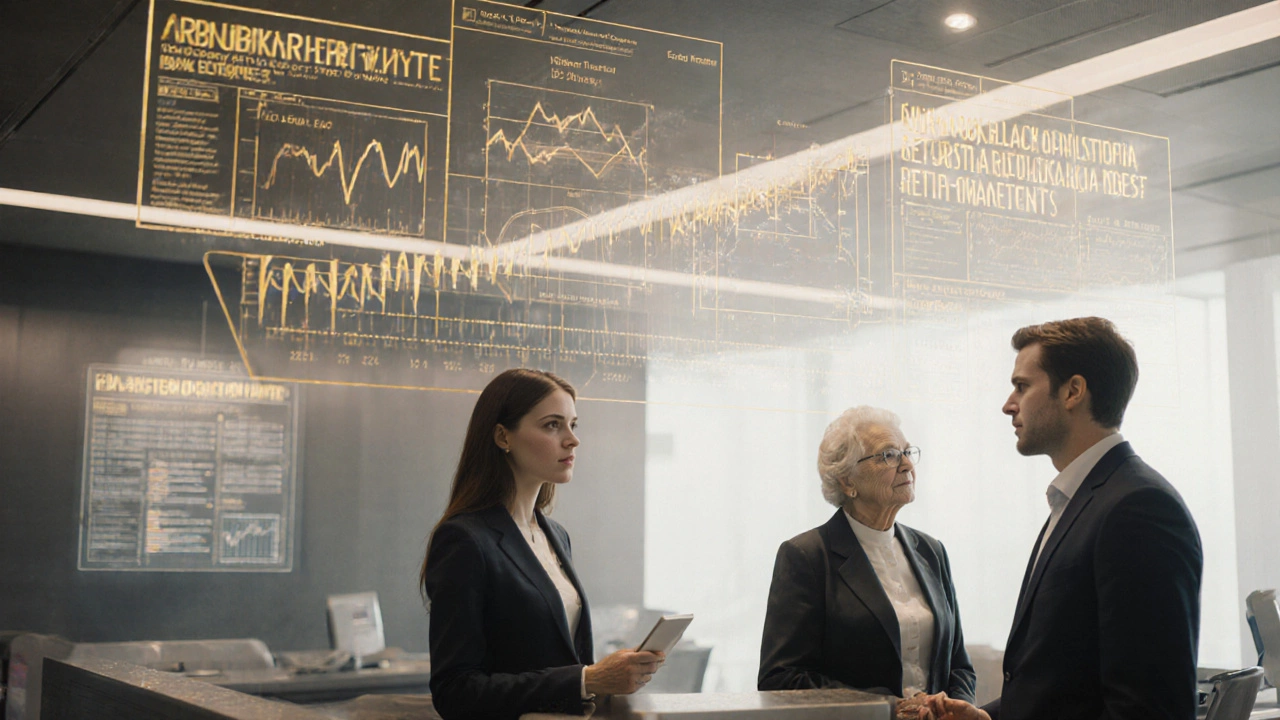 Futuristic bank interior with holographic financial advice displayed for diverse customers.