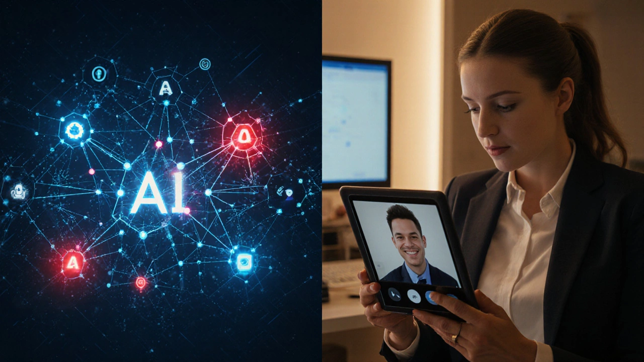 Human banker reviewing an AI-generated financial report while watching a customer on video call.