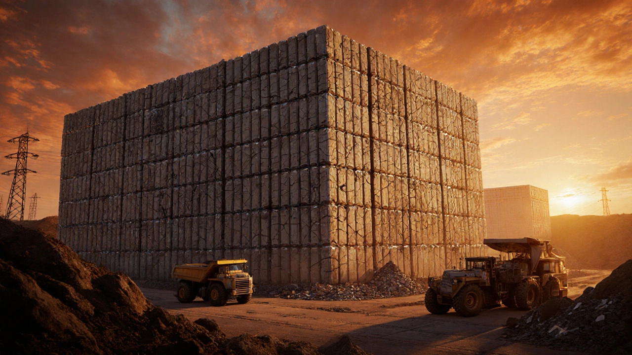 Massive worn-out battery storage facility surrounded by mining trucks hauling rare earth metals.
