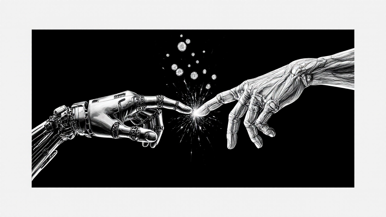 Mechanical hand and organic hand nearly touching, data and molecules floating between them.