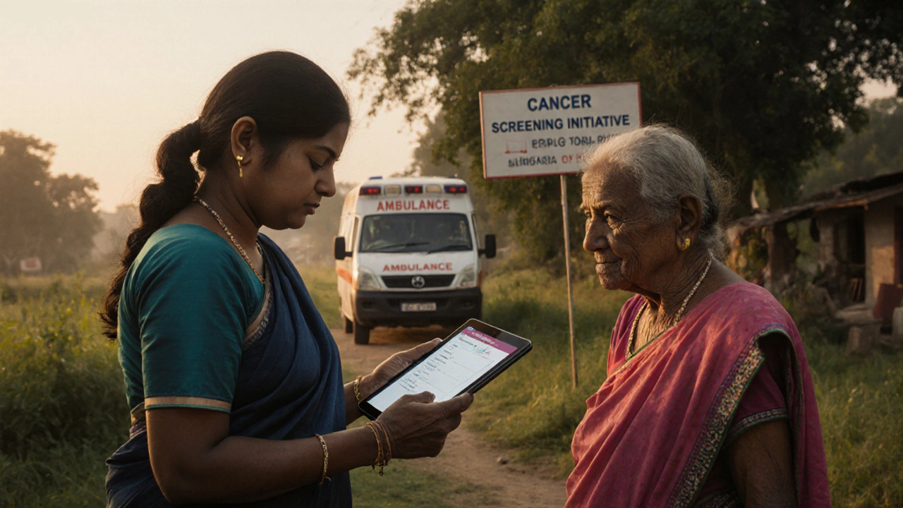 Rural health worker enrolling an elderly patient in a mobile cancer screening trial