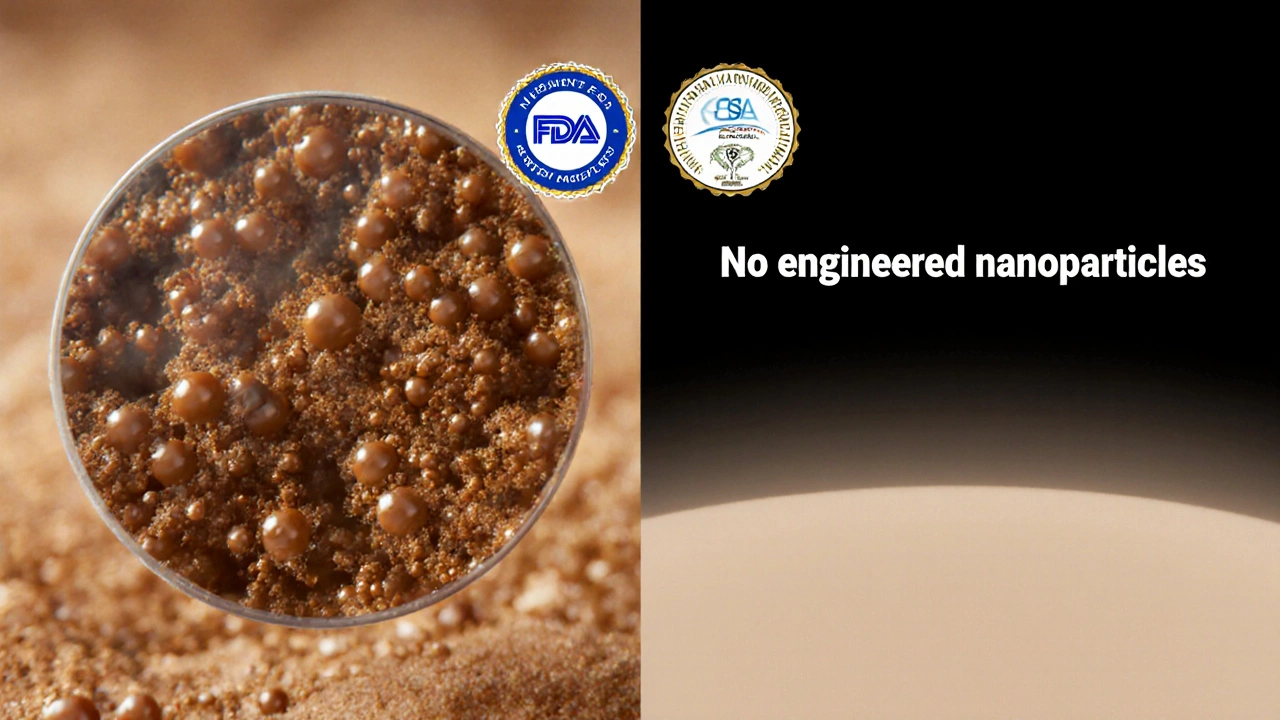 Scientific illustration comparing natural carbon nanoparticles in caramel color to an empty space labeled &#039;No engineered nanoparticles&#039;.