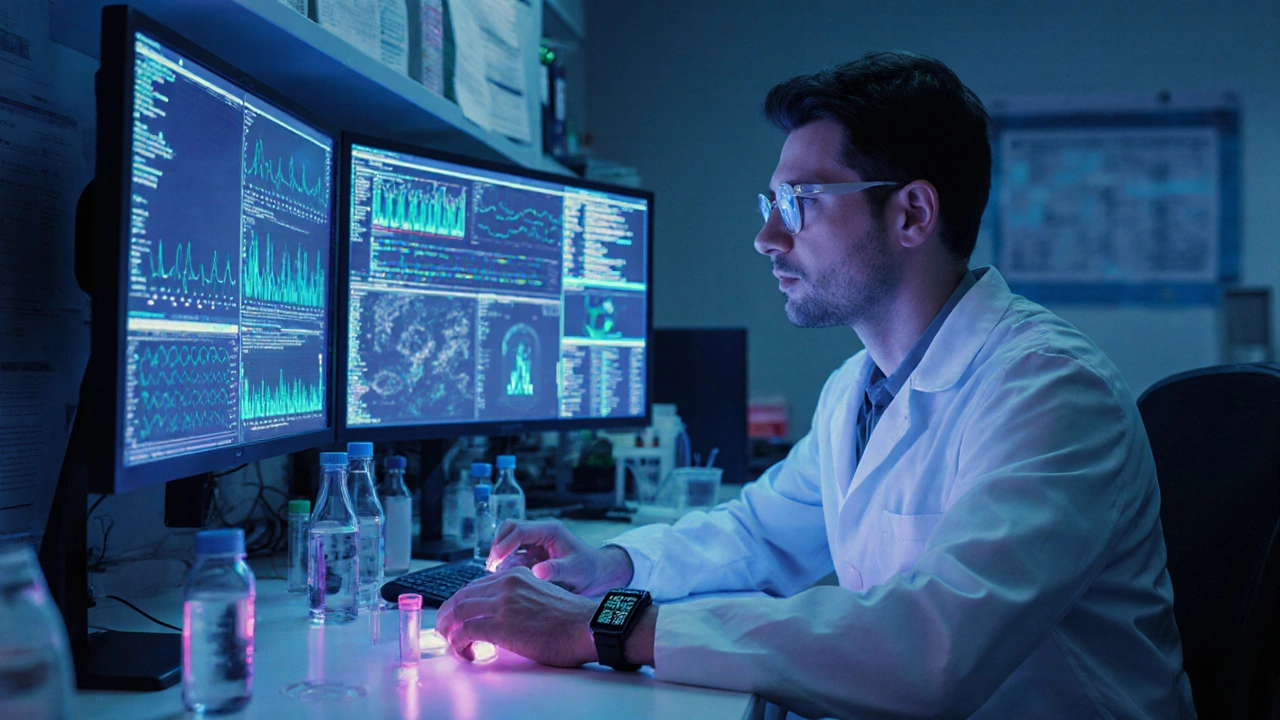 Scientist analyzing health data on monitors in a high-tech research lab
